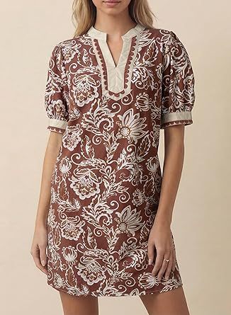 Crochet Trim Split Neck Mini Shift Dress - Floral_B