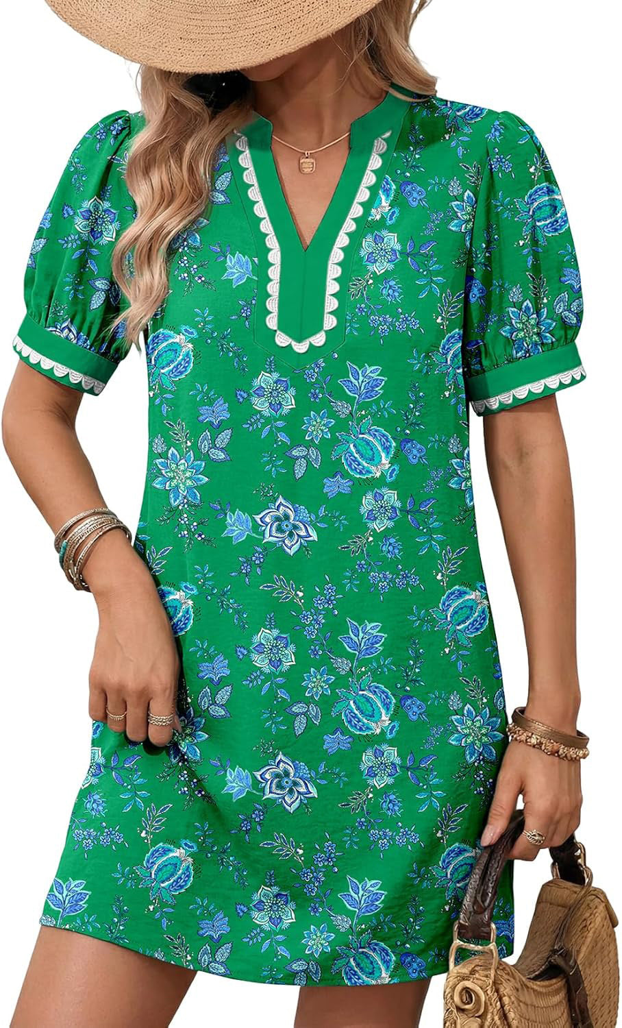 Crochet Trim Split Neck Mini Shift Dress - Floral_G