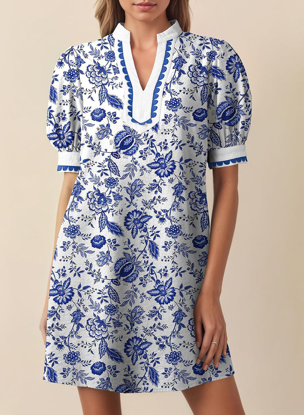 Crochet Trim Split Neck Mini Shift Dress - Floral_W
