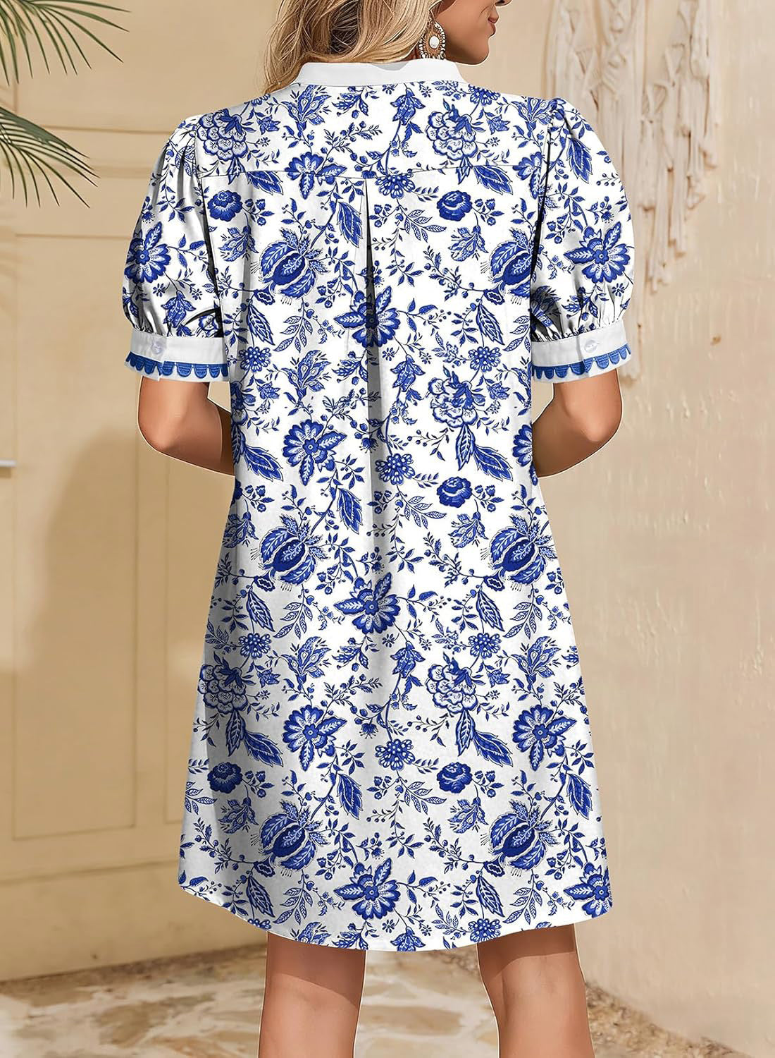 Crochet Trim Split Neck Mini Shift Dress - Floral_W - 1
