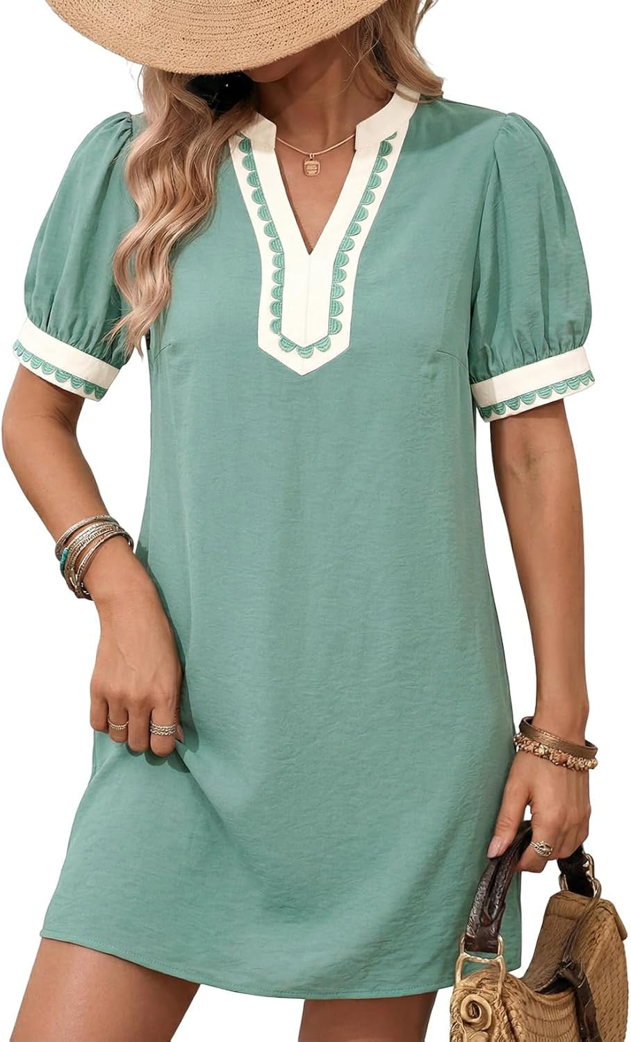 Crochet Trim Split Neck Mini Shift Dress - Green