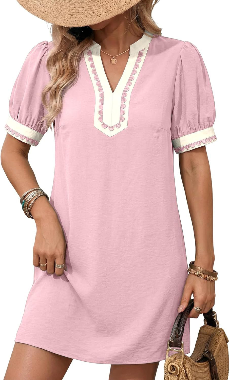 Crochet Trim Split Neck Mini Shift Dress - Pink
