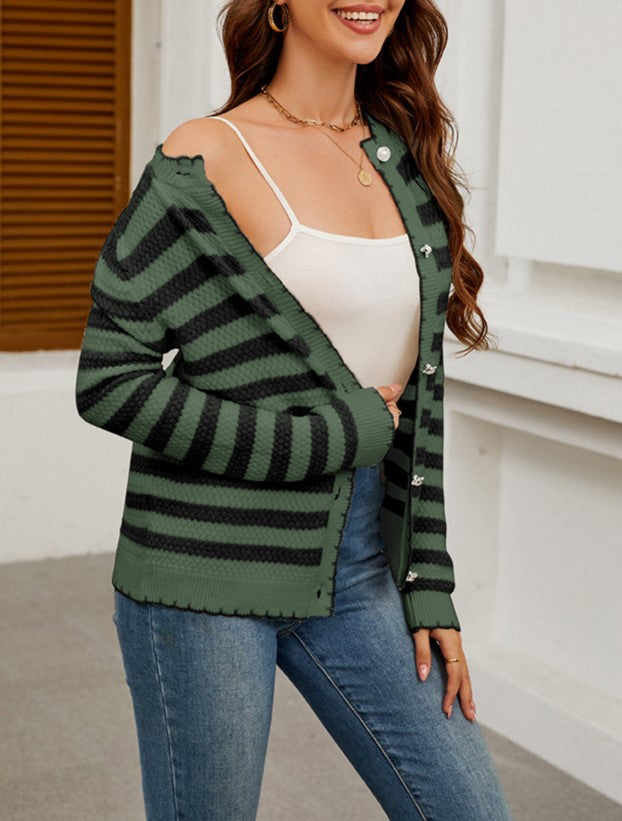 Scalloped Edge Striped Button Front Cardigan - Green - 1