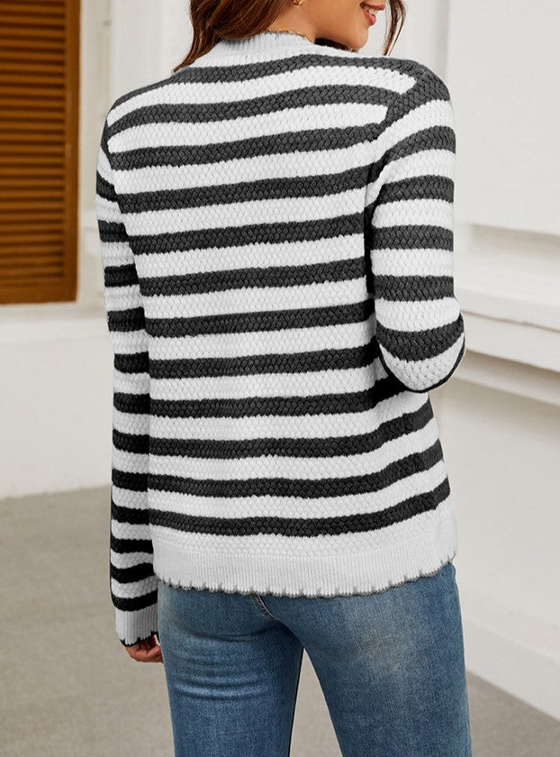 Scalloped Edge Striped Button Front Cardigan - White - 1