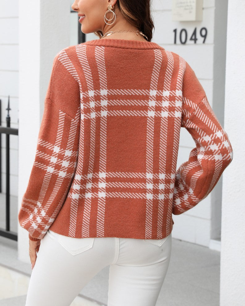 Oversized Plaid Check Crewneck Knit Sweater - Camel - 3