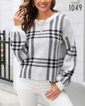 Oversized Plaid Check Crewneck Knit Sweater - White