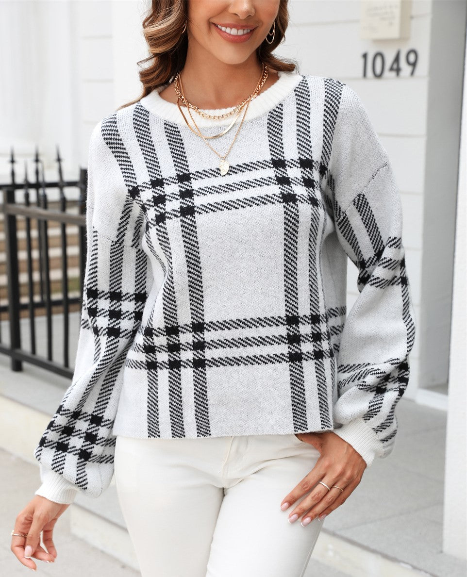Oversized Plaid Check Crewneck Knit Sweater - White - 1