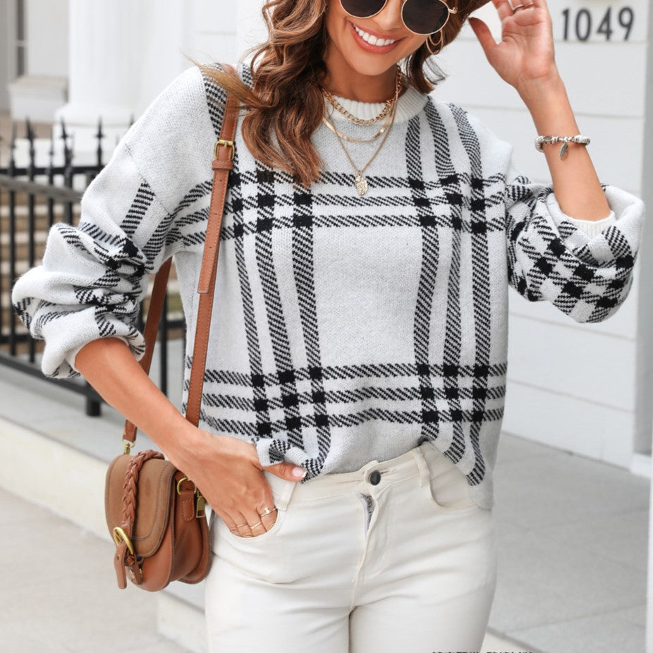 Oversized Plaid Check Crewneck Knit Sweater - White - 2