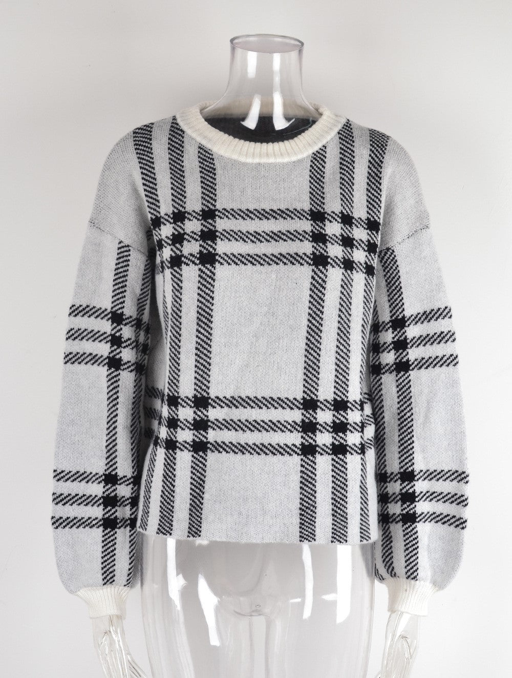 Oversized Plaid Check Crewneck Knit Sweater - White - 4