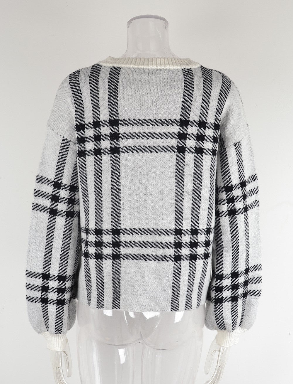 Oversized Plaid Check Crewneck Knit Sweater - White - 5