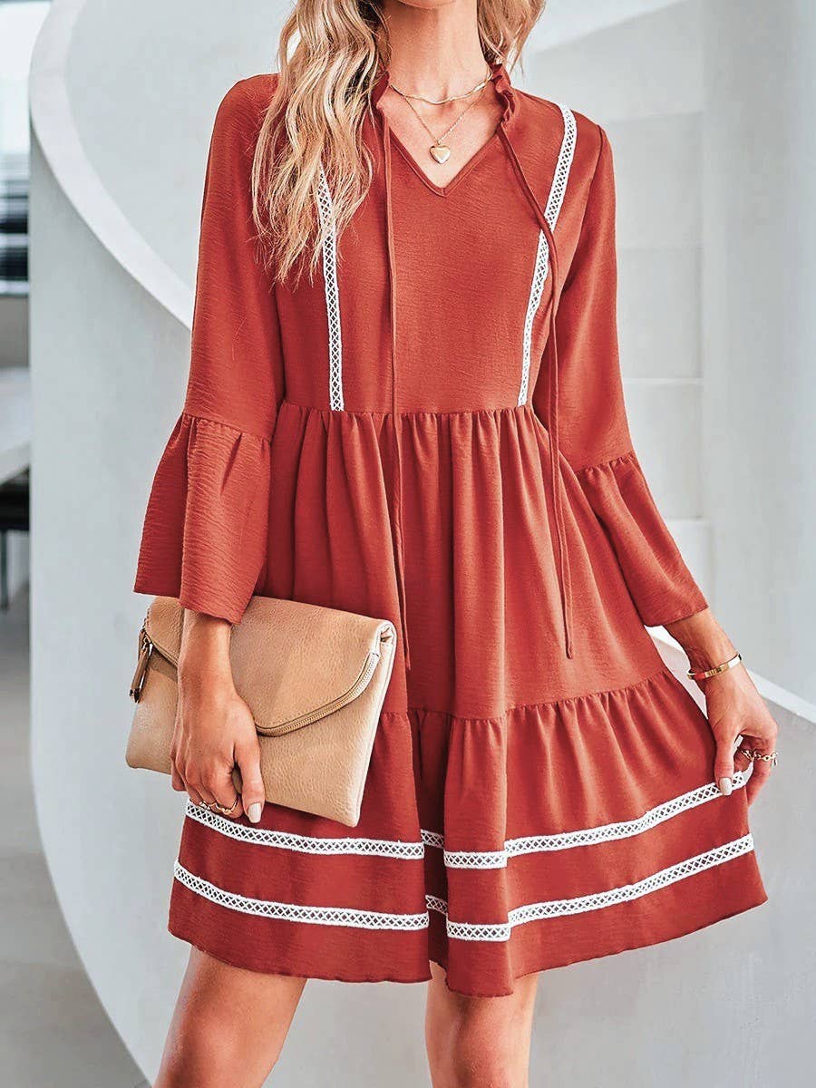 Lace Trim Tie Neck Tiered Babydoll Dress