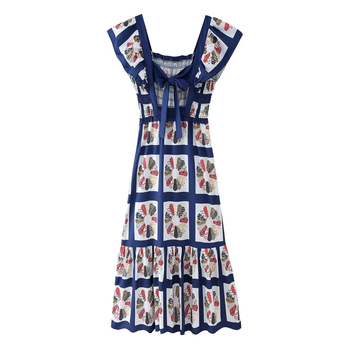 Patchwork Print Shirred Bow Back Maxi Dress - Blue