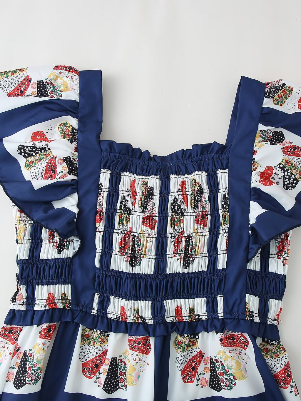 Patchwork Print Shirred Bow Back Maxi Dress - Blue - 1