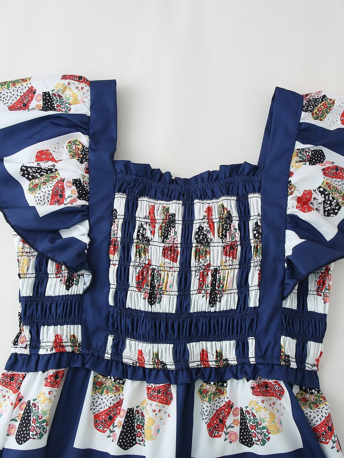 Patchwork Print Shirred Bow Back Maxi Dress - Blue - 1