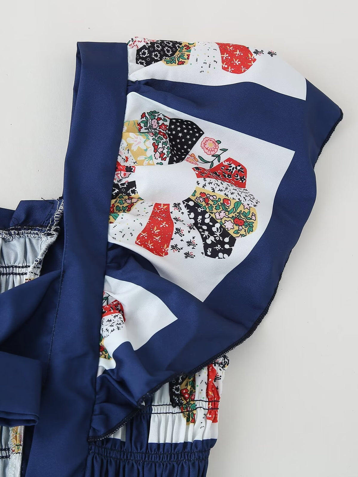 Patchwork Print Shirred Bow Back Maxi Dress - Blue - 10