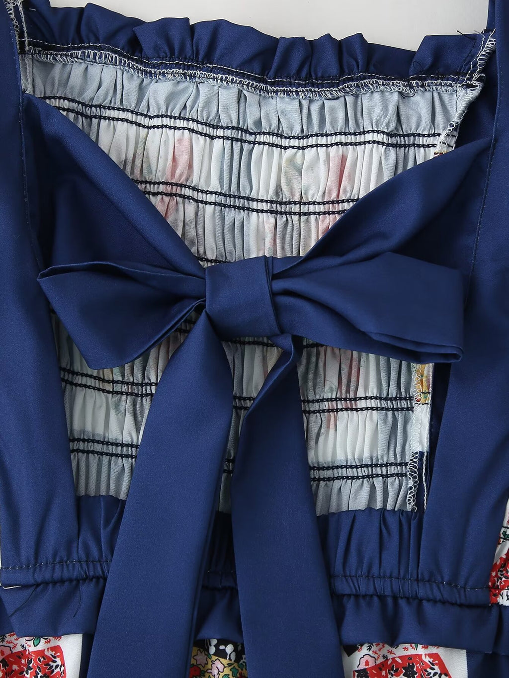 Patchwork Print Shirred Bow Back Maxi Dress - Blue - 11