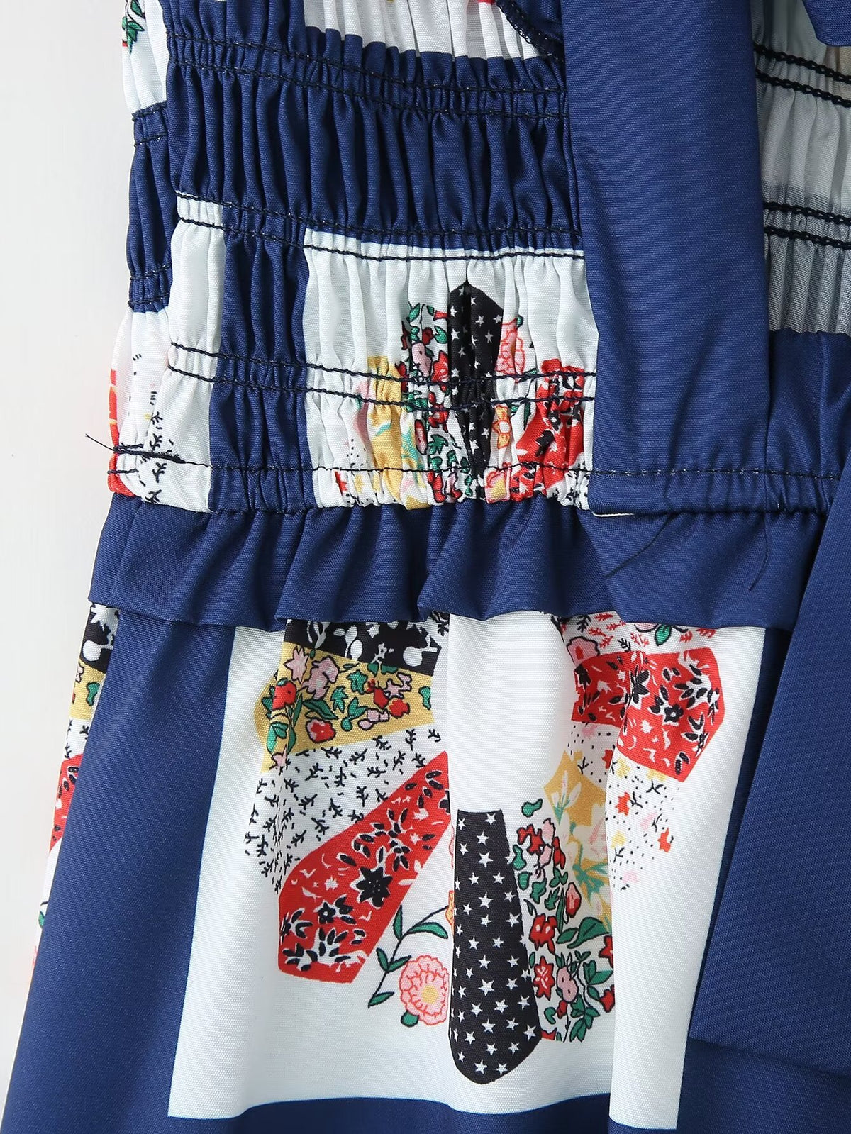 Patchwork Print Shirred Bow Back Maxi Dress - Blue - 12