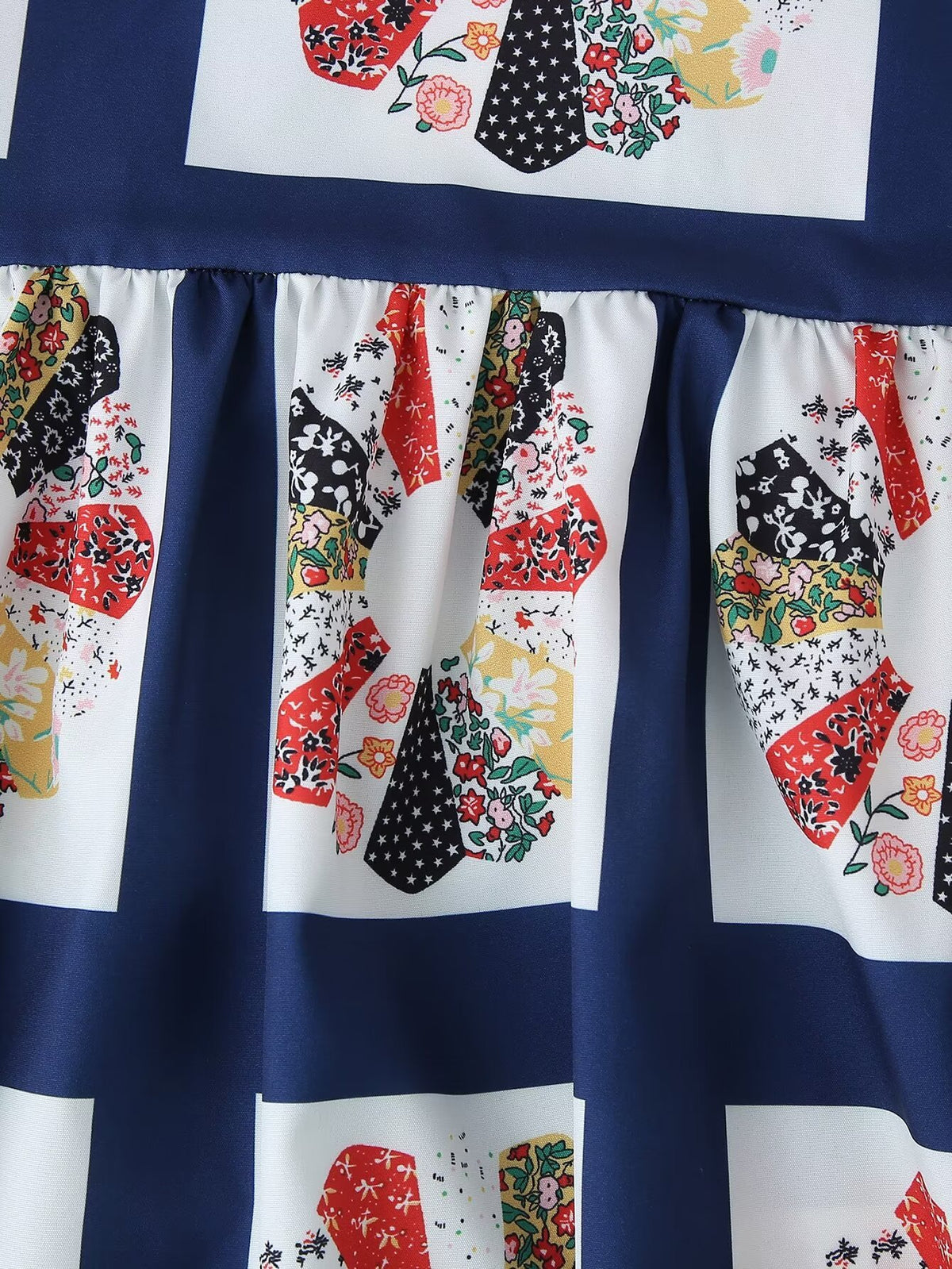 Patchwork Print Shirred Bow Back Maxi Dress - Blue - 15