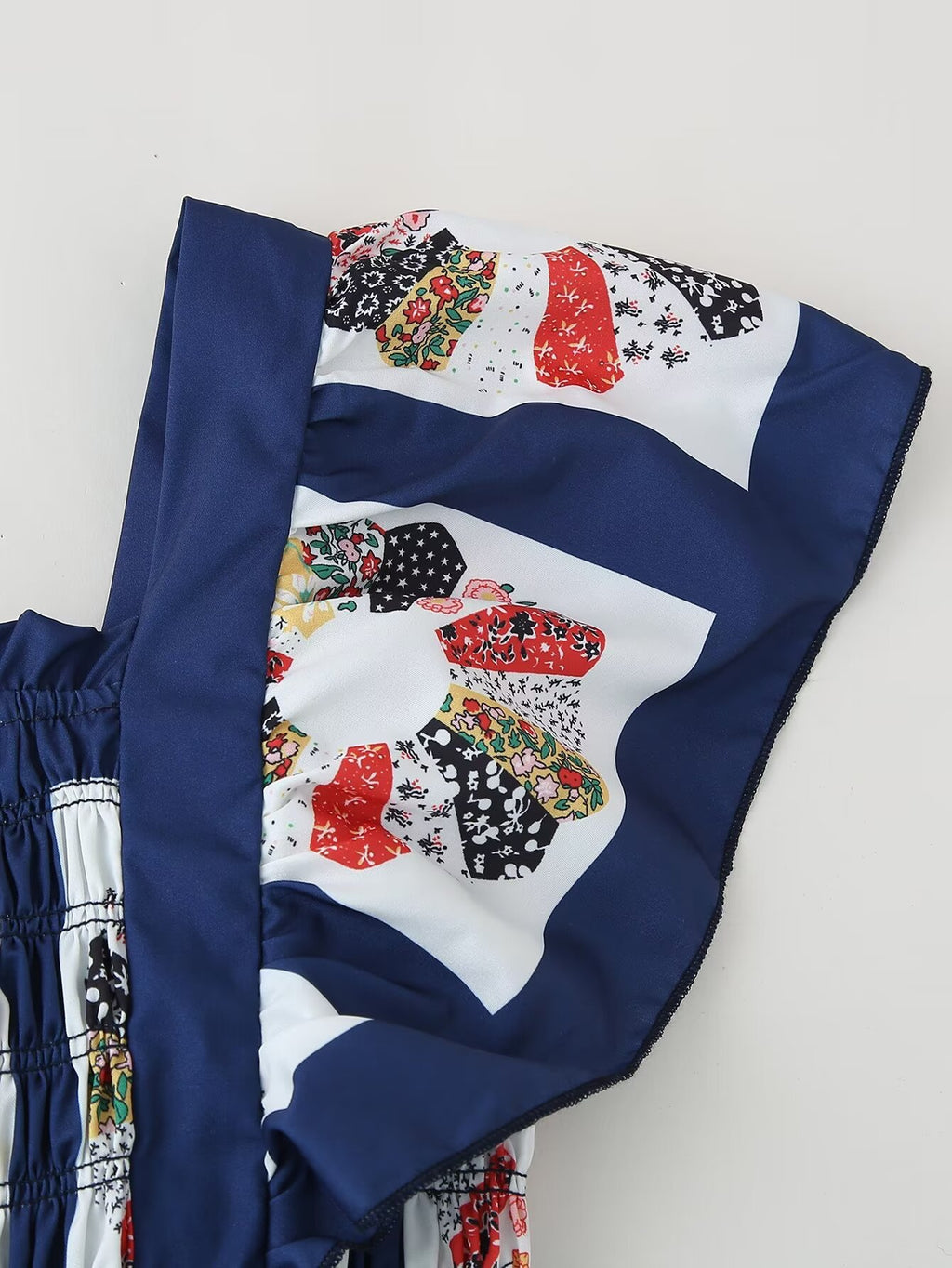Patchwork Print Shirred Bow Back Maxi Dress - Blue - 2