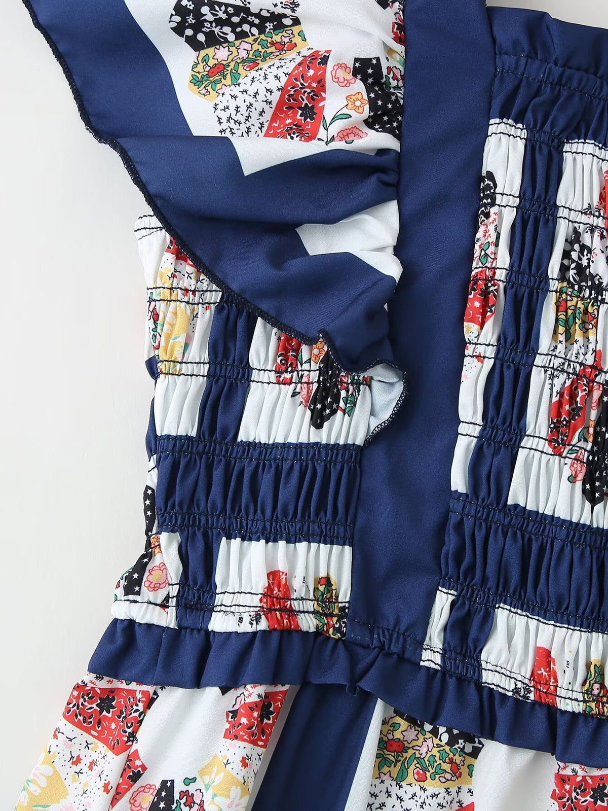 Patchwork Print Shirred Bow Back Maxi Dress - Blue - 5