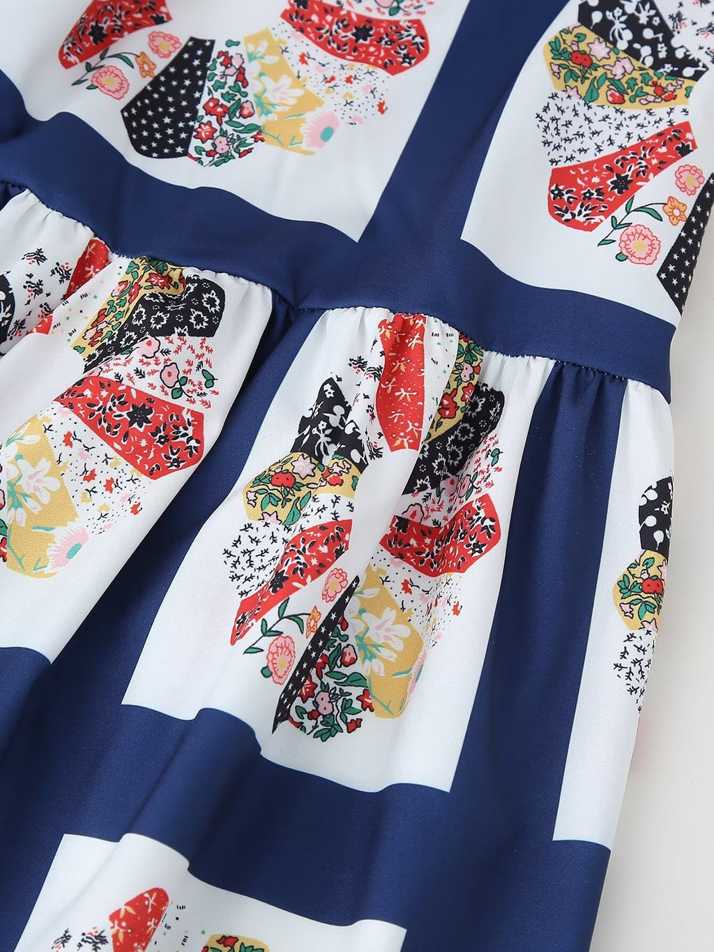 Patchwork Print Shirred Bow Back Maxi Dress - Blue - 6