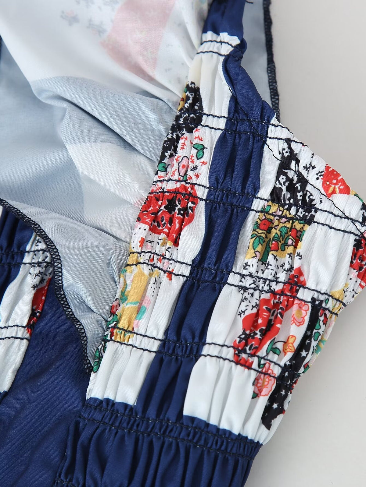 Patchwork Print Shirred Bow Back Maxi Dress - Blue - 8