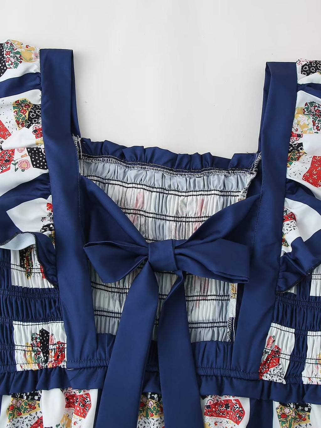 Patchwork Print Shirred Bow Back Maxi Dress - Blue - 9