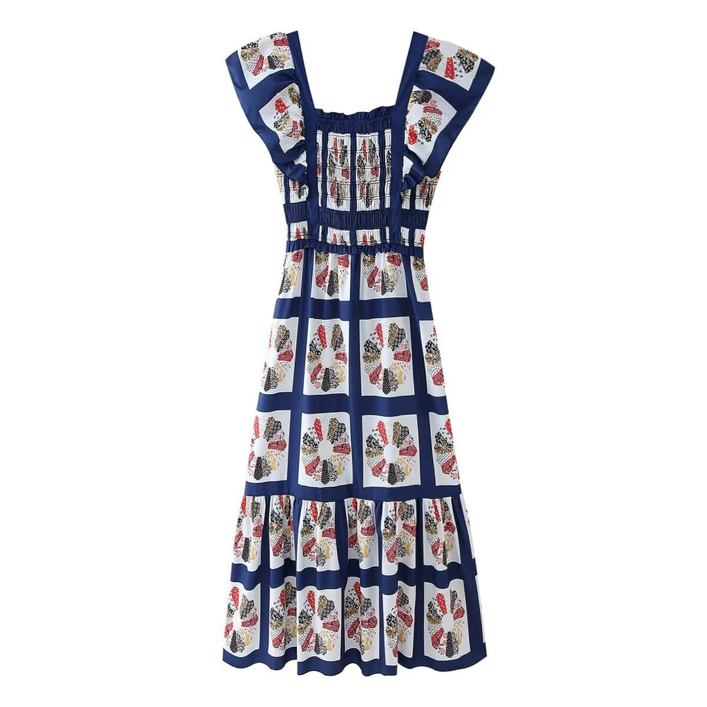 Patchwork Print Shirred Bow Back Maxi Dress