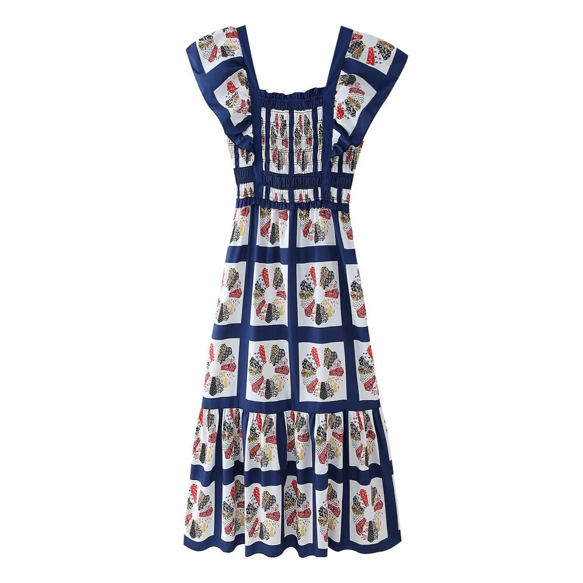 Patchwork Print Shirred Bow Back Maxi Dress