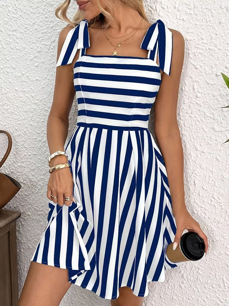Bow Shoulder Square Neck Flared Mini Dress - Blue