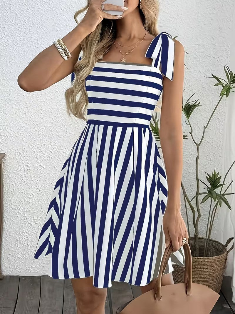 Bow Shoulder Square Neck Flared Mini Dress - Blue - 1