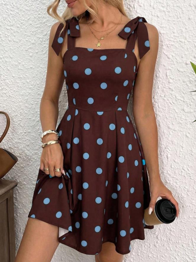 Bow Shoulder Square Neck Flared Mini Dress - Coffee