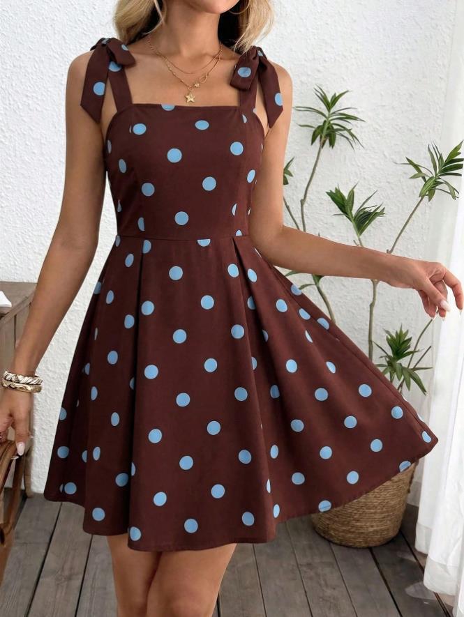Bow Shoulder Square Neck Flared Mini Dress - Coffee - 1