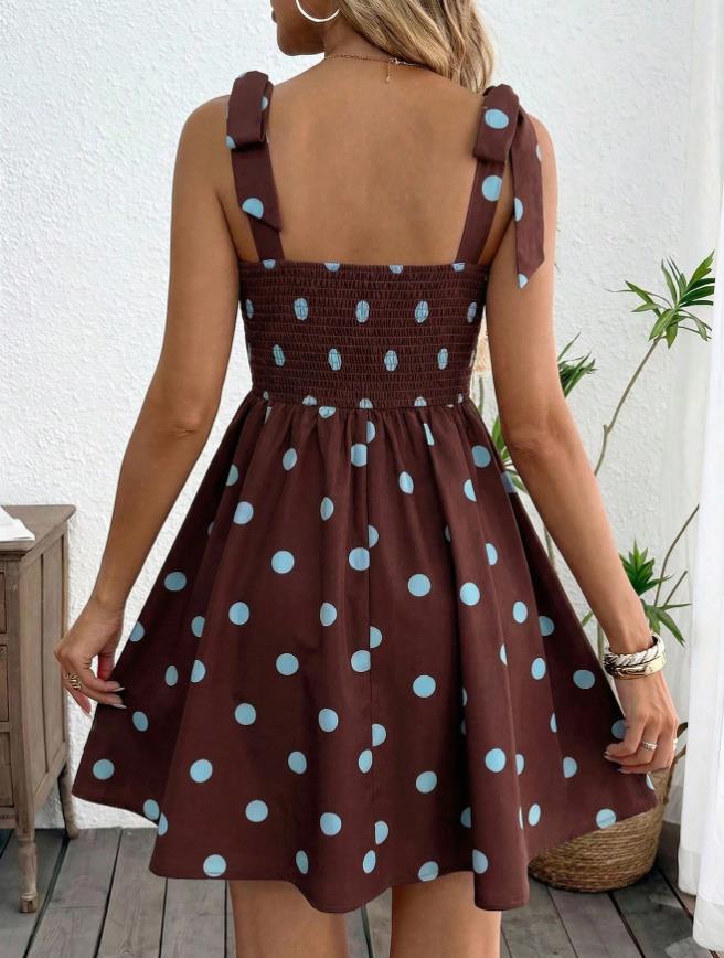 Bow Shoulder Square Neck Flared Mini Dress - Coffee - 2