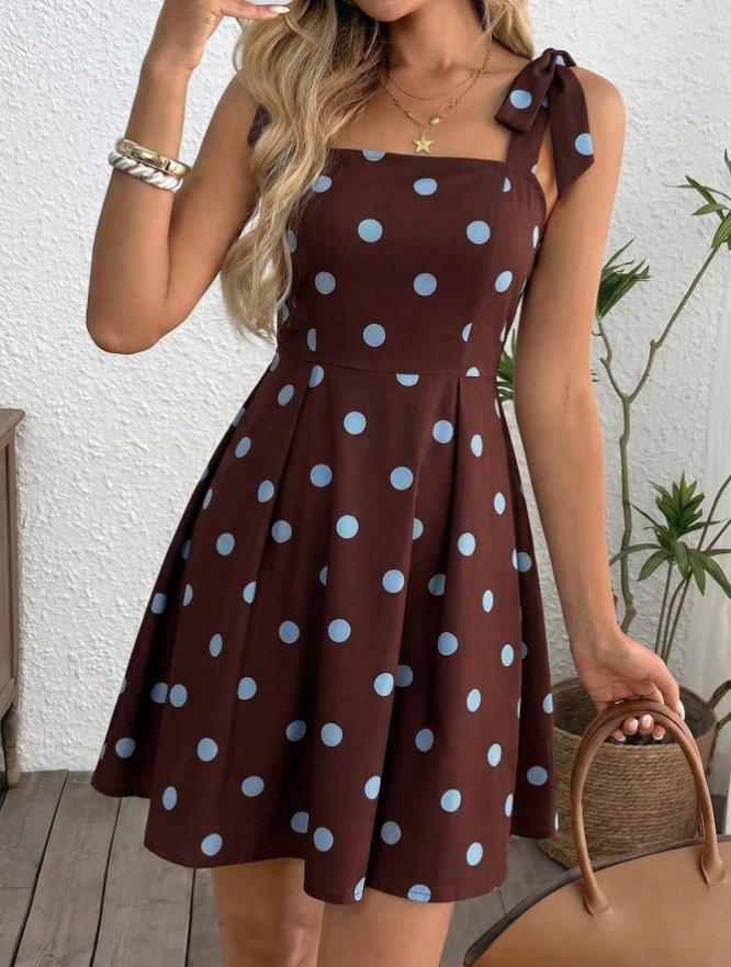 Bow Shoulder Square Neck Flared Mini Dress - Coffee - 3