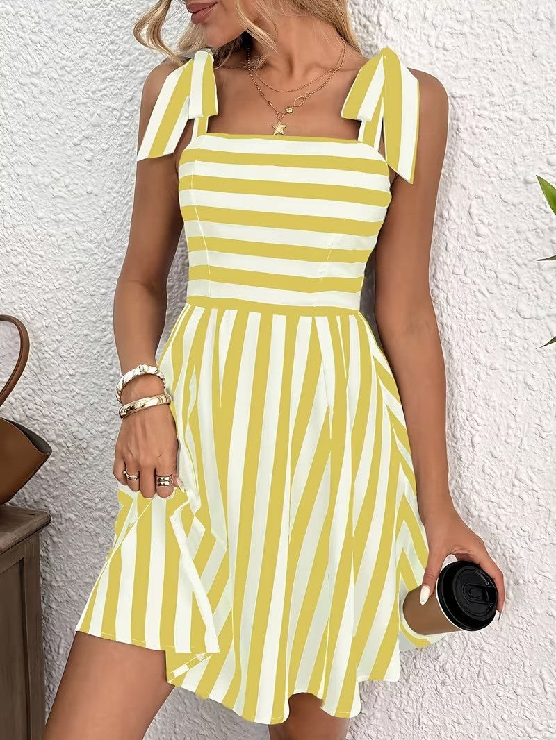 Bow Shoulder Square Neck Flared Mini Dress - Yellow