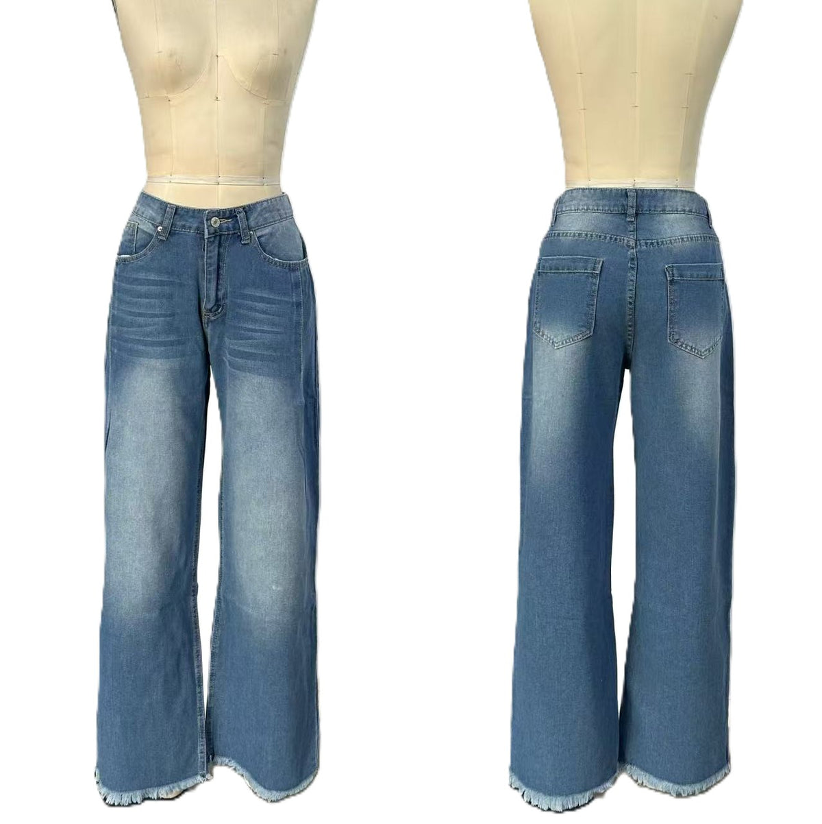 Mid Rise Wide Leg Frayed Hem Jeans - DarkBlue