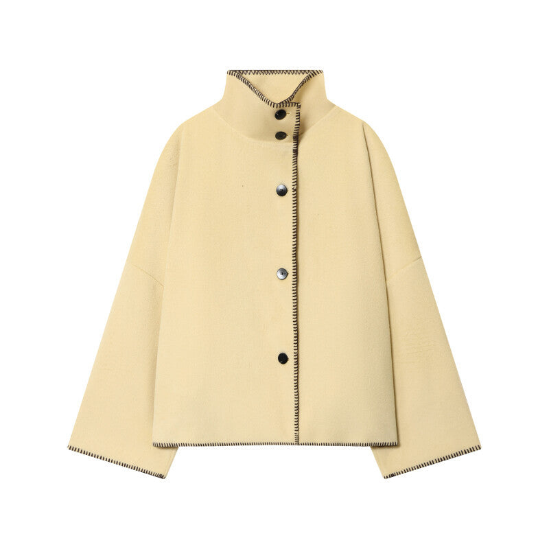 Stand Collar Wide Sleeve Buttoned Swing Jacket - Beige