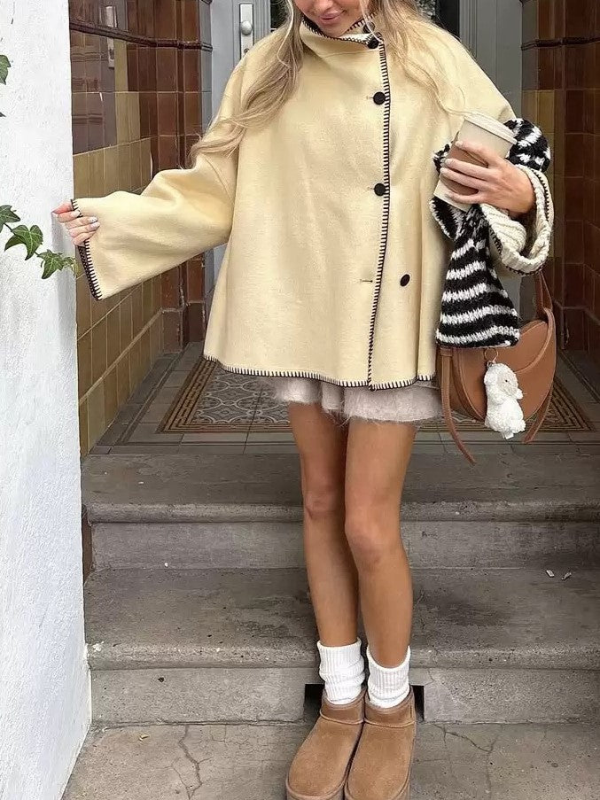 Stand Collar Wide Sleeve Buttoned Swing Jacket - Beige - 1