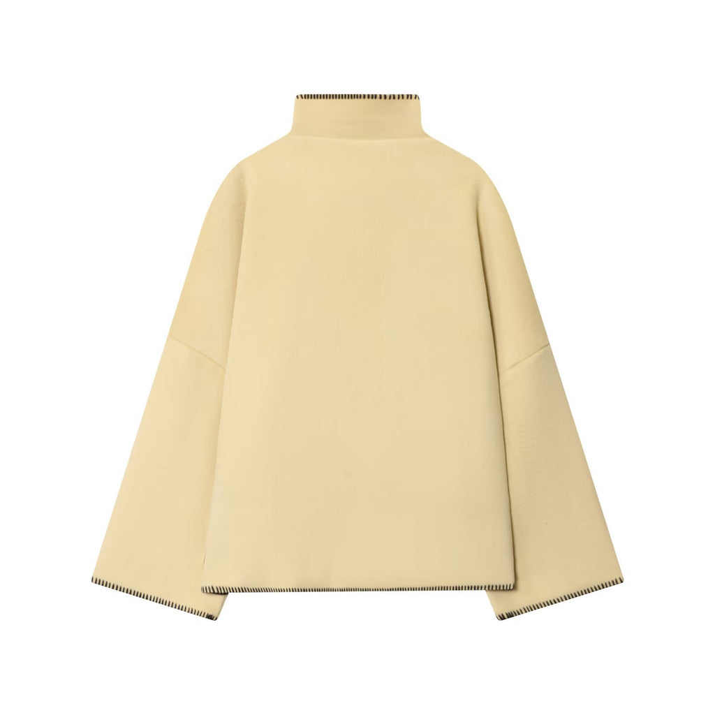 Stand Collar Wide Sleeve Buttoned Swing Jacket - Beige - 2