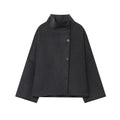 Stand Collar Wide Sleeve Buttoned Swing Jacket - DarkGrey