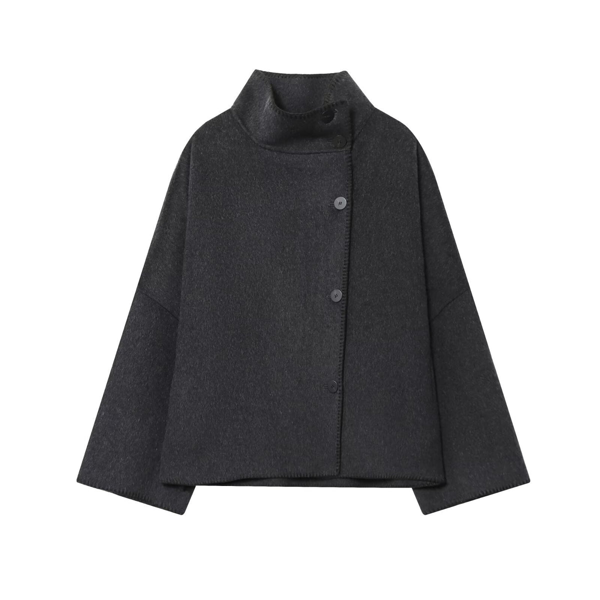 Stand Collar Wide Sleeve Buttoned Swing Jacket - DarkGrey