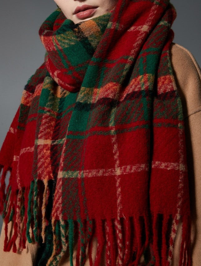 Red Tartan Fringed Blanket Scarf - Red - 1