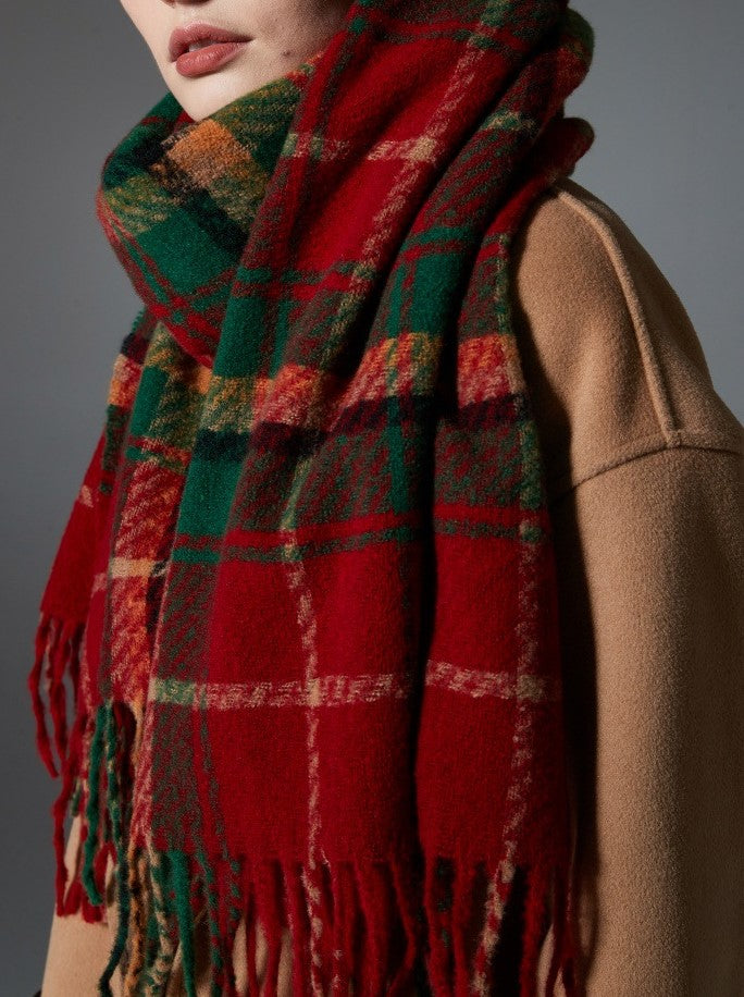 Red Tartan Fringed Blanket Scarf - Red - 2