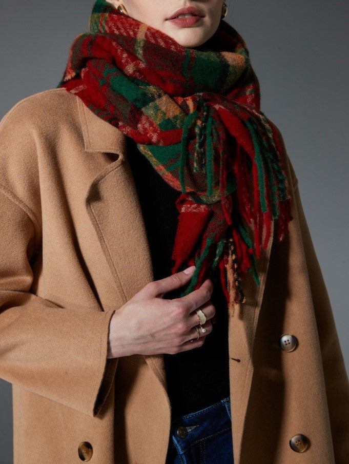 Red Tartan Fringed Blanket Scarf - Red - 3