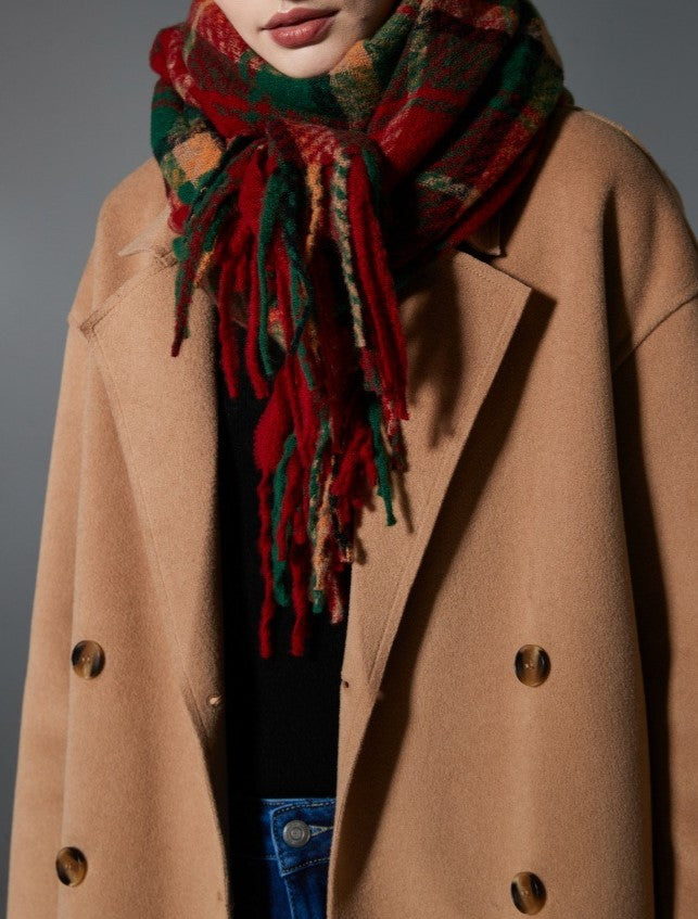 Red Tartan Fringed Blanket Scarf - Red - 4