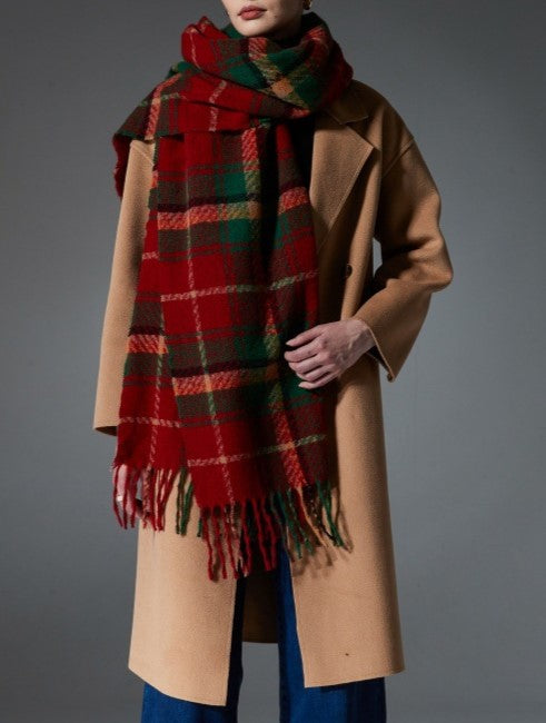 Red Tartan Fringed Blanket Scarf - Red - 5