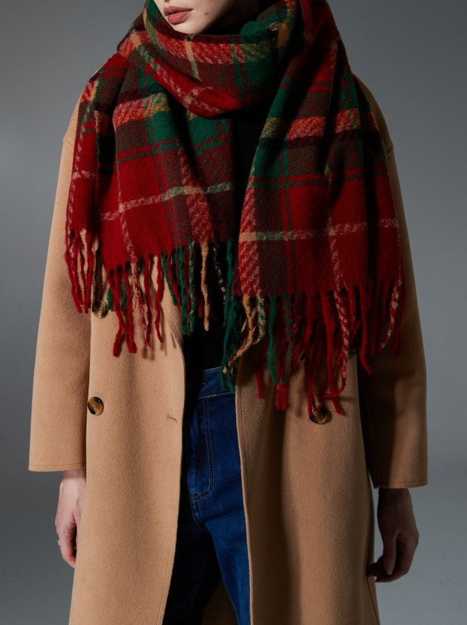 Red Tartan Fringed Blanket Scarf - Red - 6