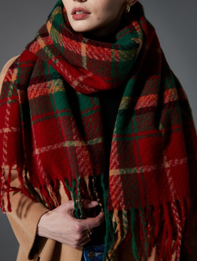 Red Tartan Fringed Blanket Scarf - view 1