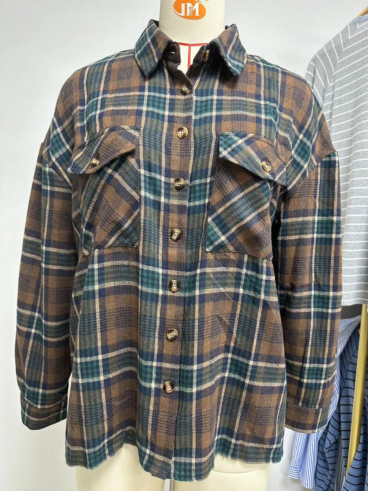 Brushed Plaid Oversized Flannel Shirt - Coffee - 1